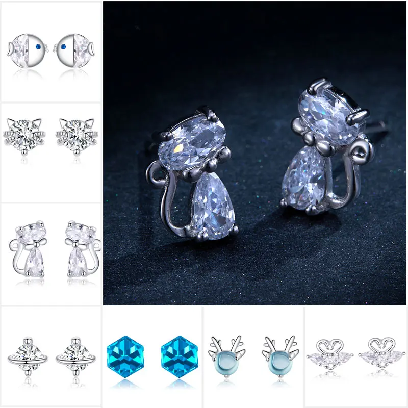 

Small Earrings BISAER 925 Sterling Silver Fish Cat Love Heart Exquisite Stud Earrings Stud for Women Silver Jewelry 2019 brincos