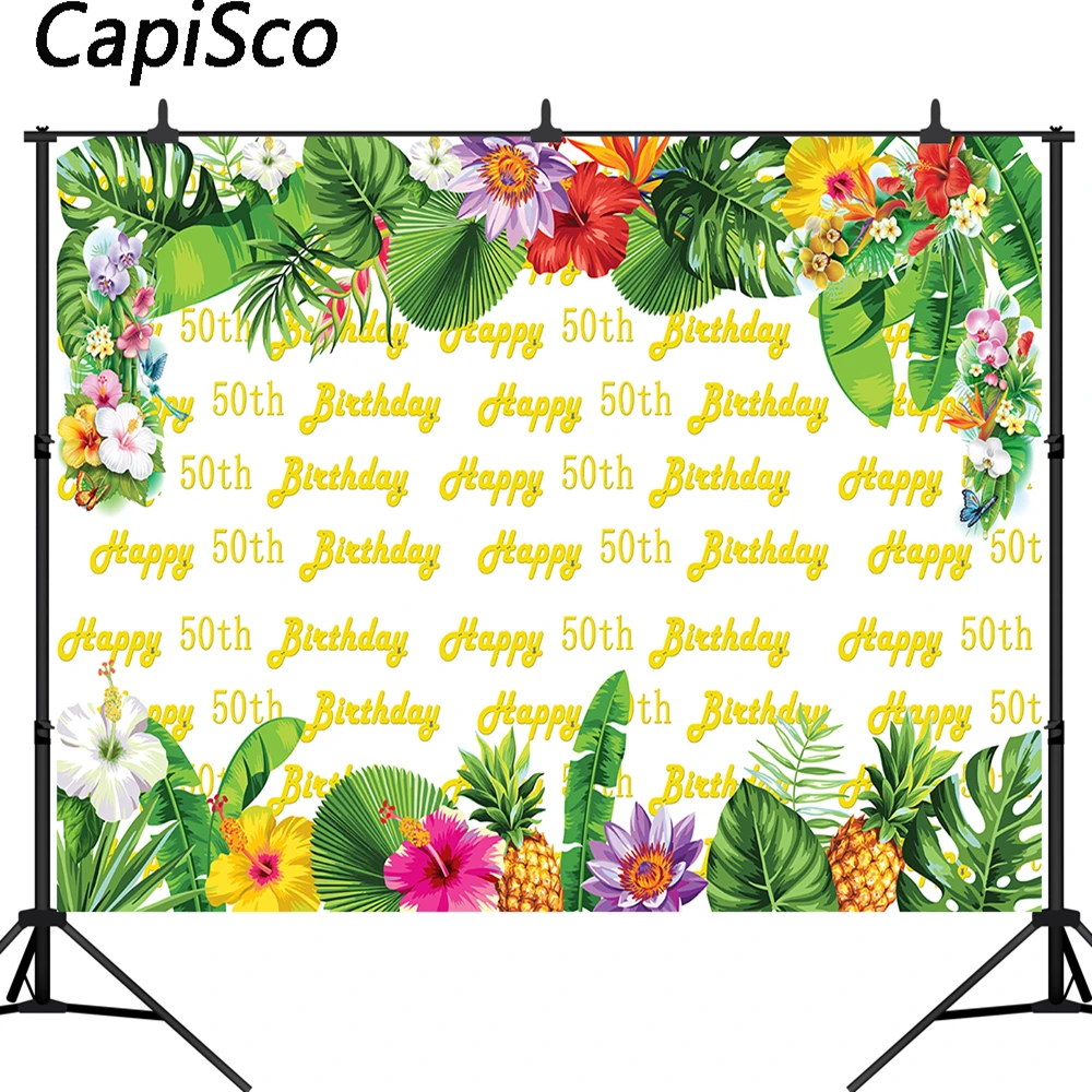 

Capisco Happy 50th Birthday Party photography backdrops Printed tropical style flowers Fruits Custom Photo Booth Background