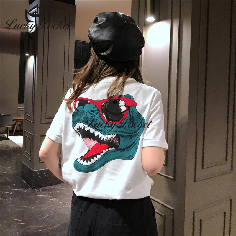 

Summer Cotton Solid Short Sleeve Women BF T-shirt Dinosaur Print Female Casual Streetwear Top Brand Hip Hop Loose Lady Tees WJ15
