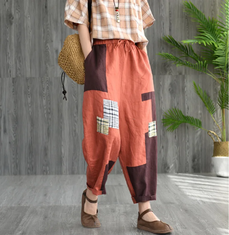

New Summer Pants Women Retro Loose Elastic Waist Casual Trousers New Ladies Patchwork Pocket Vintage Streetwear Pants 2019