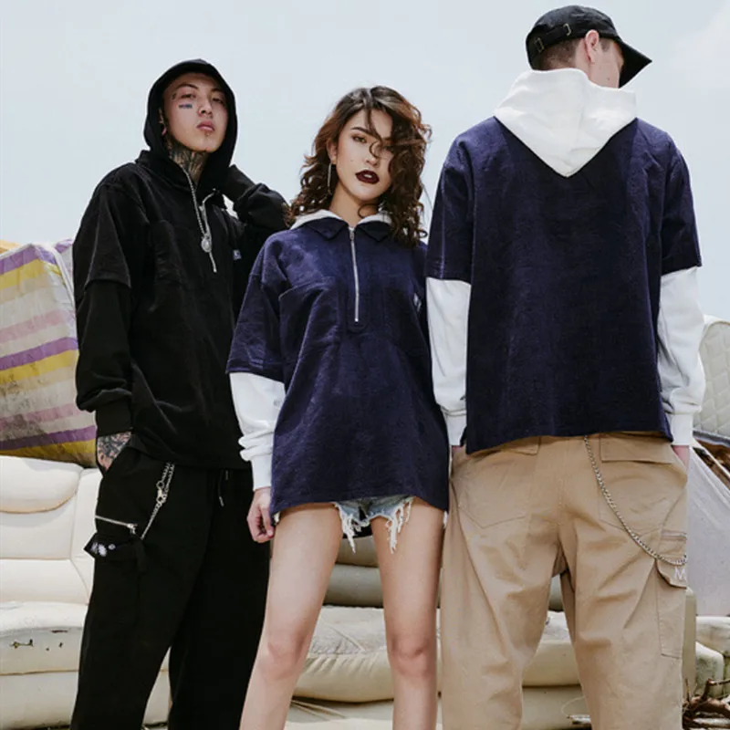

men's corduroy cotton color matching hoodies hip hop harajuku sweatshirt men autumn 2019 male oversized casual tops streetwear