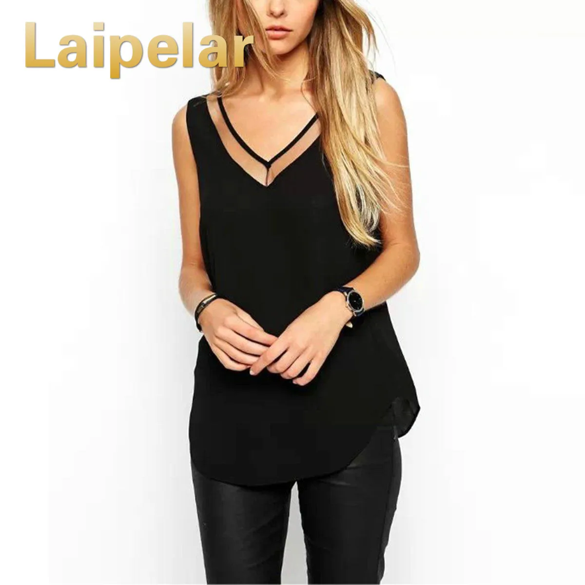 

Women Tank Top Summer V Neck Chiffon Vest Top Sleeveless Casual Tank Blusas Tops Sheer Mesh Patchwork T Shirt Bottom Camisole