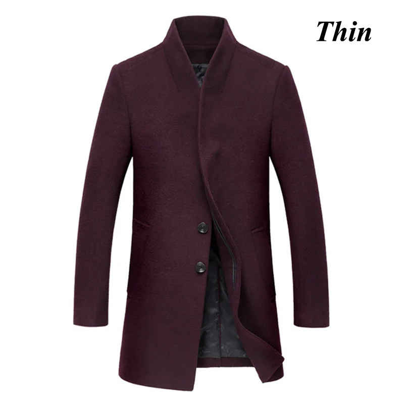 Новинка зимы, мужское тонкое шерстяное пальто, одноцветное, повседневное, бизнес стиль, стоячий воротник, шерстяное пальто/Мужское тонкое, ветровка, пальто, мужские куртки - Цвет: Wine red Thin