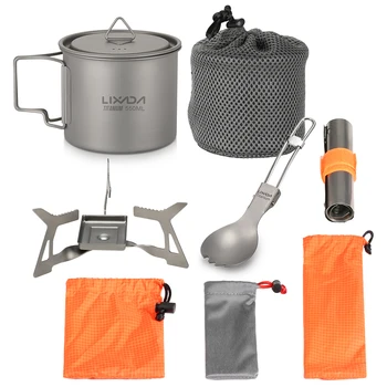 

Lixada 4pcs Camping Titanium Cookware Set 550ml Water Cup Mug Folding Solidified Alcohol Stove Spork Windshield Outdoor Picnic