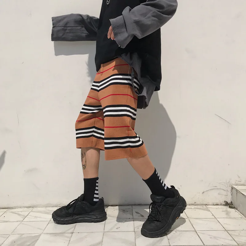 

2019 Spring New Korean Men's Couple Knit Drawstring Straight Contrast Color Loose Pocket Casual Five Pants Streetwear