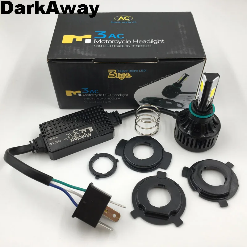 Darkaway AC мотоцикла светодиодный фар H4 40 Вт 4000Lm велосипед HS1 PH7 PH8 BA20D H6 H4 светодиодный лампы передний свет лампы 360 градусов луч белого цвета