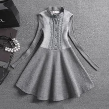 2015 Autumn Winter Women Woolen Knitted Dress Casual Long Sleeve Knit Warm Dresses Lace Cute Stand Collar Dress Vestido NS20