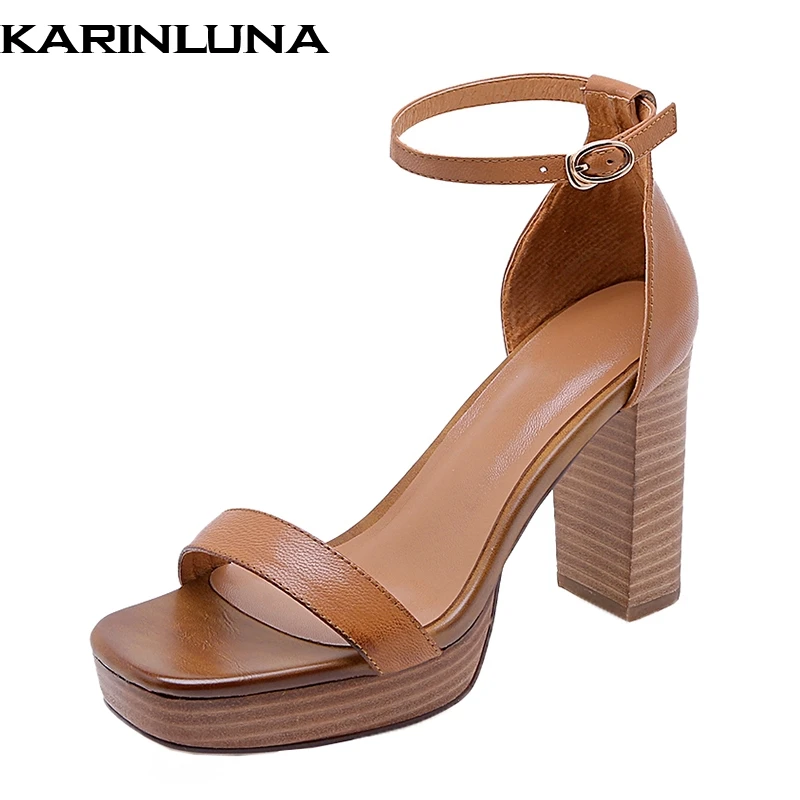 KarinLuna/натуральная кожа кожаные сандалии высокий толстый каблук Классическая обувь женские элегантные вечерние женские сандалии женская