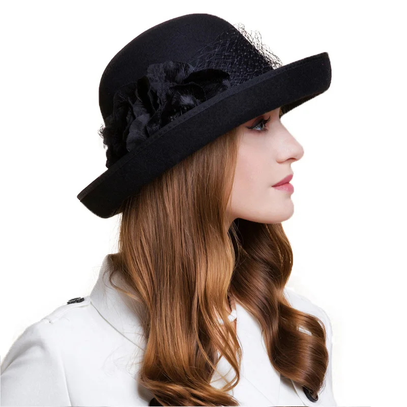 FS estilo británico negro mujer Lana fieltro Fedora gasa con flor de invierno rizo de ala ancha sombrero mujer niñas boda sombreros - 3