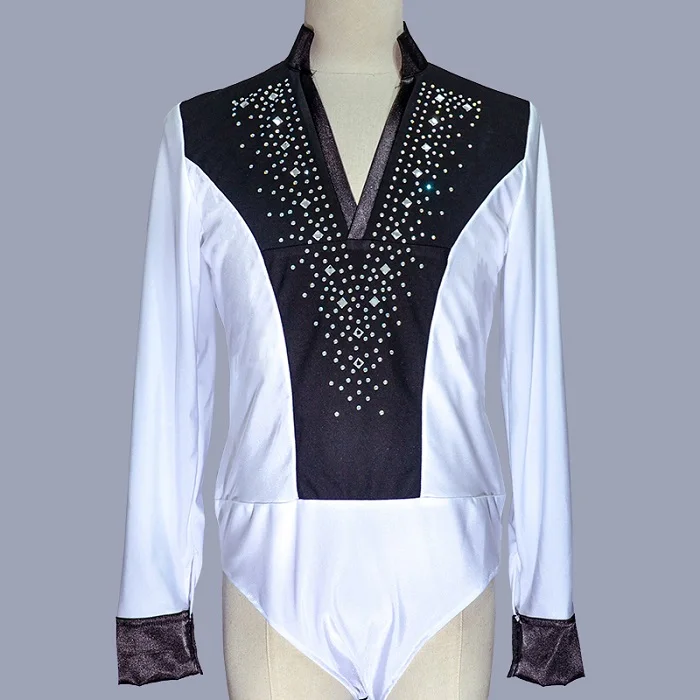 Latin Dance Top Rhinestone V-Neck Men Dance Shirt Ballroom Latin Dancing Clothes Professional Competition Dancewear DNV10996 - Color: White