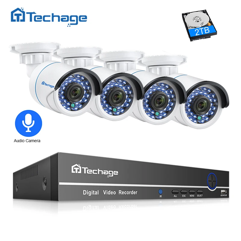 Techage 8CH 1080 P POE NVR CCTV, sistema de seguridad con 4 piezas 2.0MP registro de Audio cámara IP IR P2P Video al aire libre kit de vigilancia de 2 TB HDD - 1