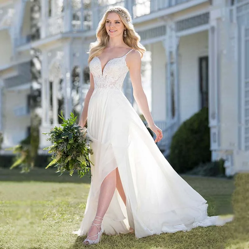 

Smileven A Line Wedding Dress Lace Spaghetti Straps Sweetheart Bride Dresses Side Split Elegant Wedding Bridal Gowns 2019
