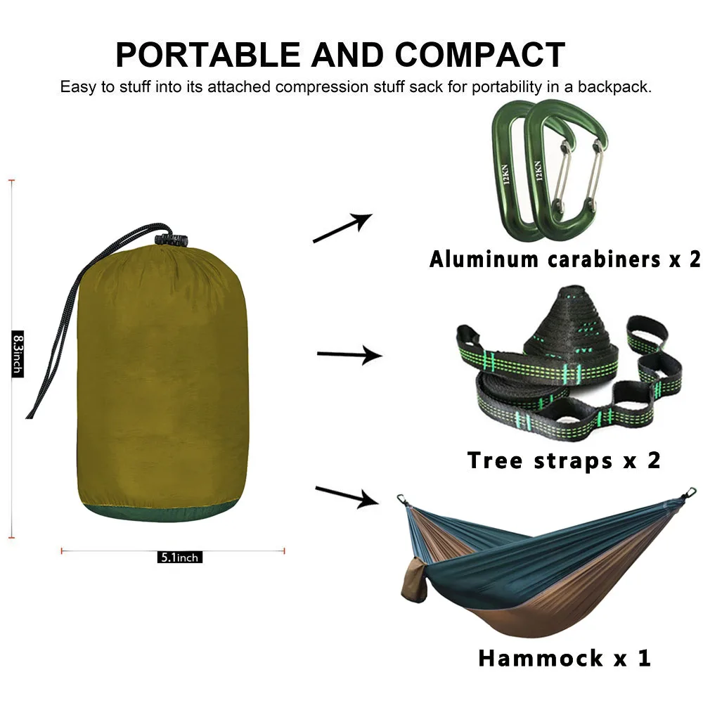 Одноцветный парашютный гамак с ремнями для гамака и алюминиевым карабином для кемпинга, выживания, путешествий, двойной человек, уличная мебель
