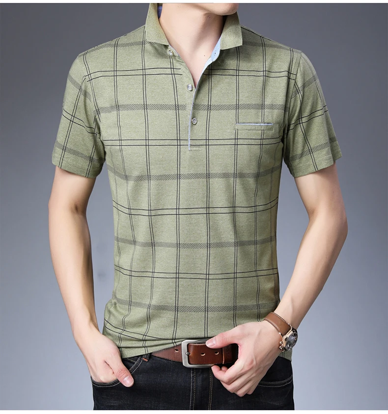 Брендовая Повседневная летняя Клетчатая рубашка поло с карманом и коротким рукавом, мужская рубашка из Джерси, мужские футболки поло, модная одежда 50516