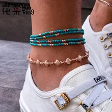 HuaTang богемный синий бисером Веревка Цепи многоуровневый ножной браслет набор для женщин золотые листья регулируемые летние браслеты ювелирные изделия 3258