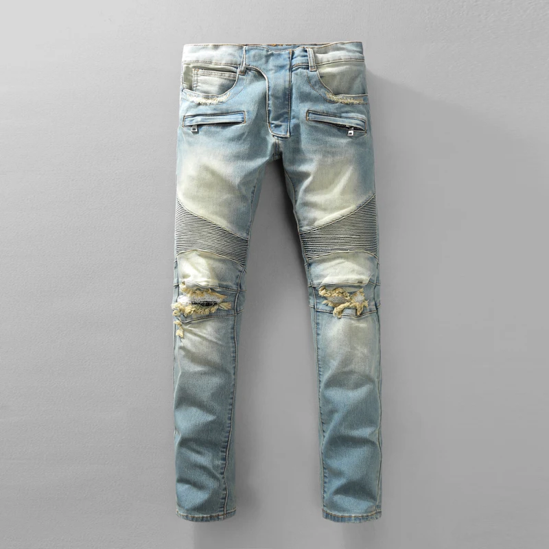 New Style Skinny Biker Jeans For Men Autumn Winter Motorcycle Ripped Mens Jeans Famous Brand Slim