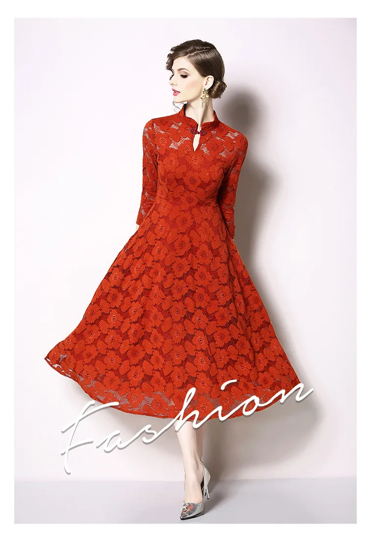 Spring весенне-летнее женское платье с цветочным узором, оранжевое красное кружевное платье, бальное платье с рукавом 3/4, платье с воротником-стойкой