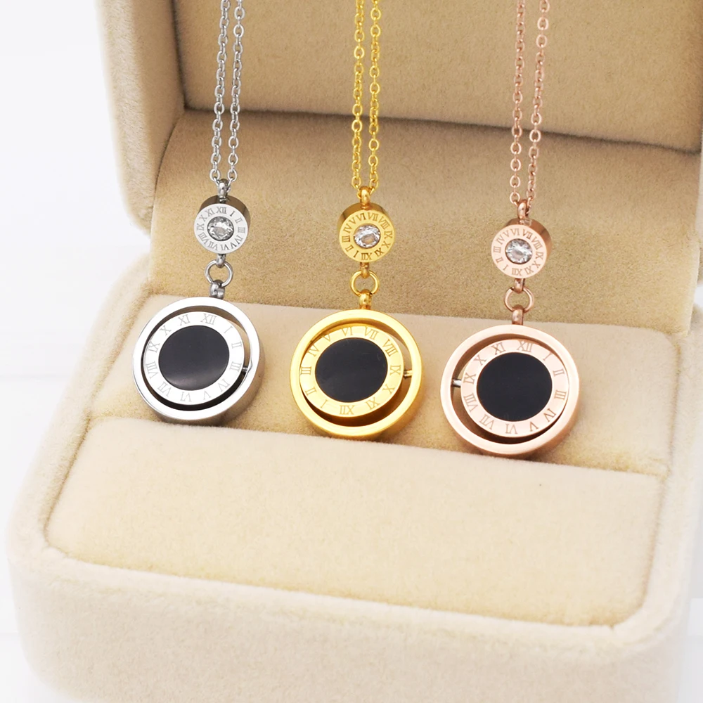 

New Design Necklace Stainless Steel Black & White Double-Sided Shells Necklace Roman Numerals Zircon Pendant Necklaces For Women