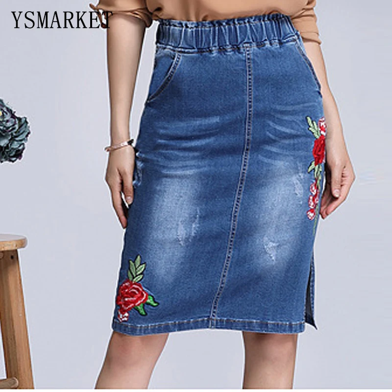 floral embroidered denim skirt