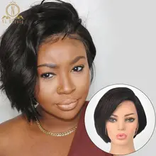 13x6 глубокий часть Синтетические волосы на кружеве из натуральных волос, короткая стрижка Пикси крой предварительно вырезанные боб парики прямые черные 150% бразильский Волосы remy для Для женщин