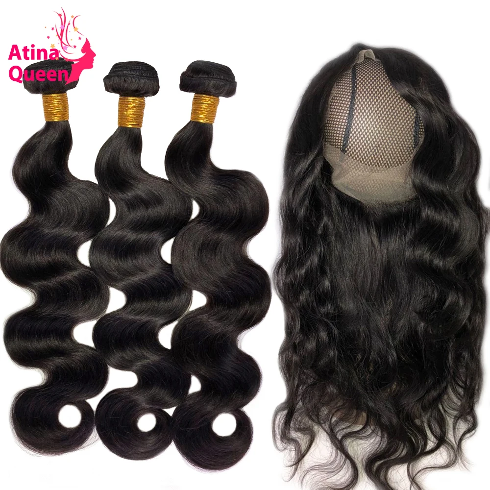 Atina Queen 360 Lace Frontal with Bundle Peruvian Body Wave Remy Human Hair Weave 3 Bundles Pre Plucked Frontal Closure Products body-wave