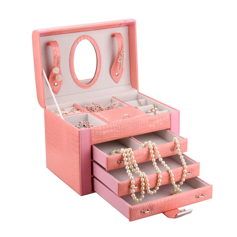 

Large Jewelry Box For Girls Necklaces Earrings Apricot 3 Drawers Storage Case Large PU Leather Display Organizer Mirror Lock 236