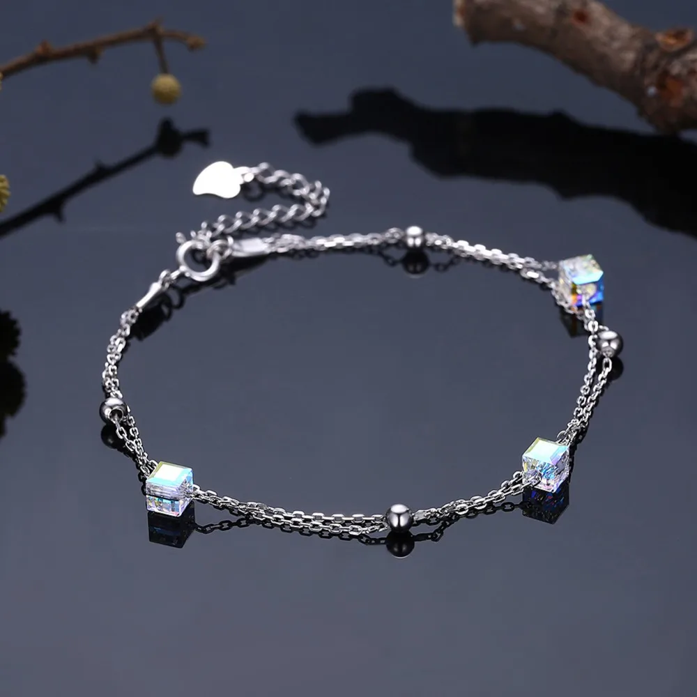 Изысканный женский браслет Swarovski с настоящими квадратными кристаллами, ювелирные украшения из серебра 925 пробы, Двойная Цепочка, подарок для помолвки