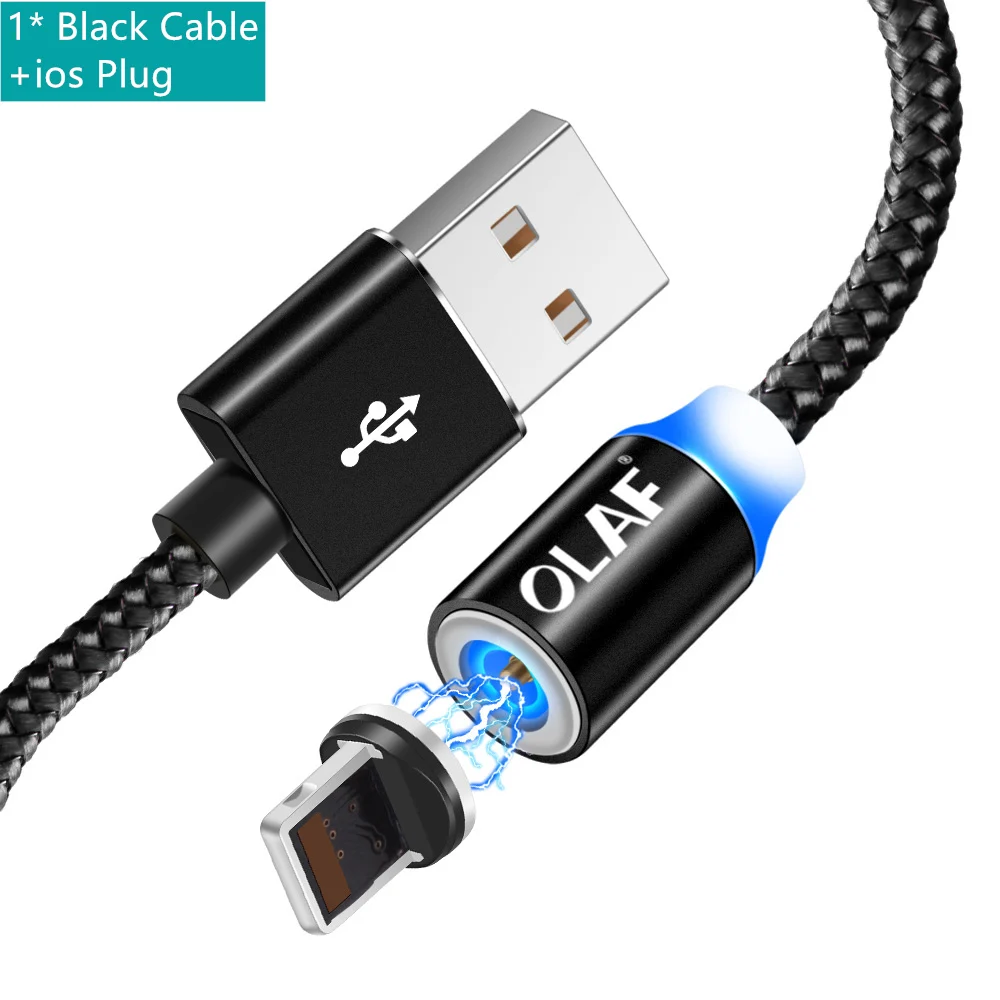 Магнитный usb-кабель OLAF 1 м 2 м 8-контактный кабель для быстрой зарядки USB для iPhone 6 7 8 Plus X XR XS XSMax Магнитный светодиодный шнур для зарядного устройства - Цвет: Черный