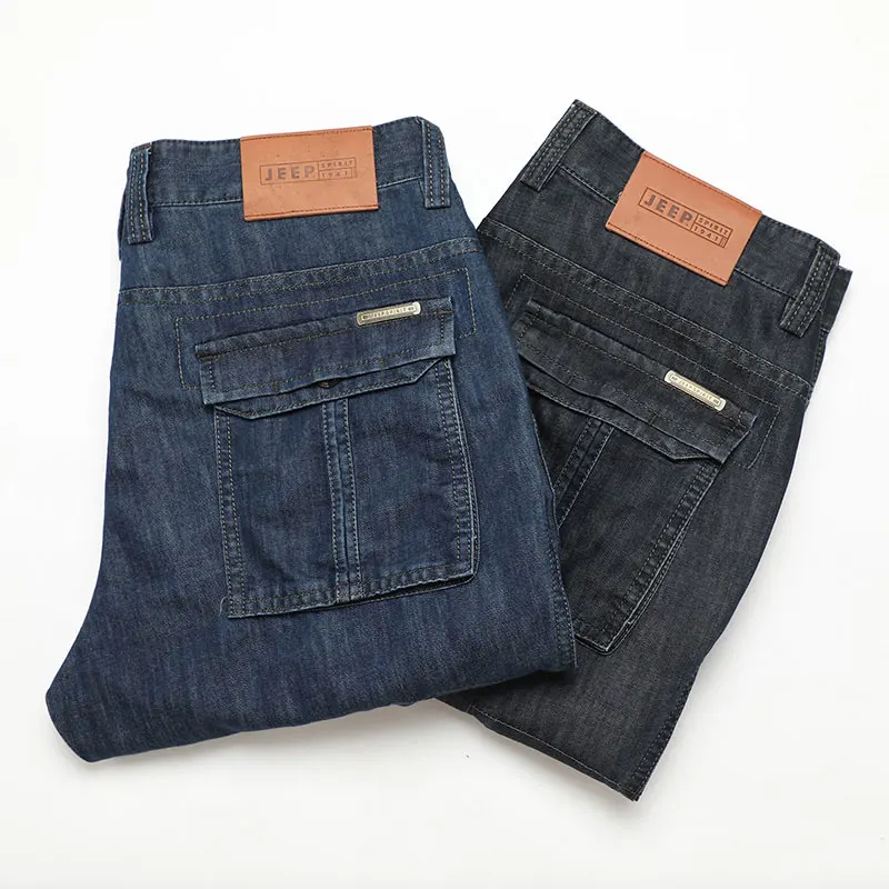 Summer JEEP Brand Cotton Cargo Jeans Elastic Men's Casual Full Length Retro Jeans Multi Pockets Cotton Pants Fashion Trousers 44 (2)