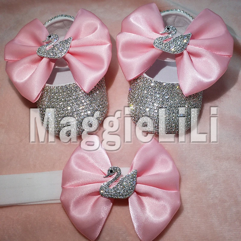 pink bowknot Custom Sparkle Bling crystals Rhinestones Baby girls shoes infant 0-1Y ribbon shoes First Walkers hairband 0032