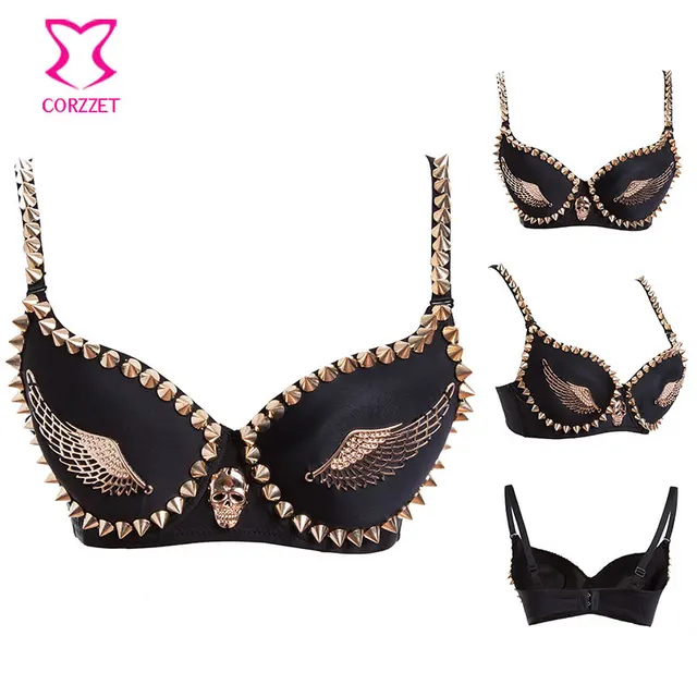 Burlesque Gold Wings & Rivets Studded Bra Push Up Bralette Red Punk