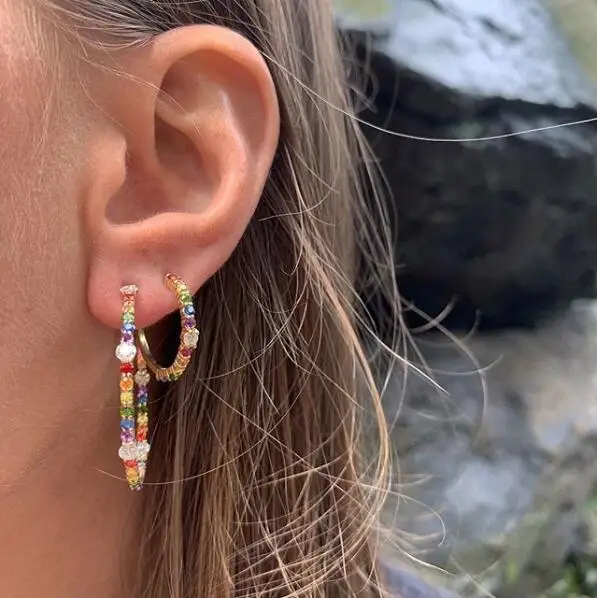 Gorgeous trendy women lady gift jewelry Gold filled multi color cubic zirconia 2019 spring new Medium hoop earring | Украшения и