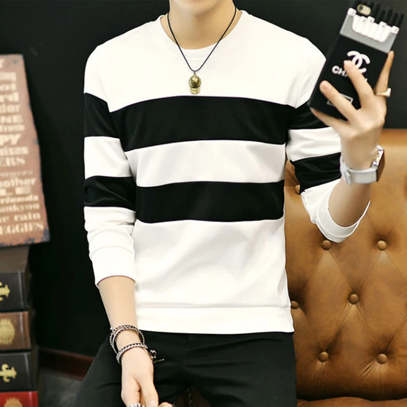 

2018 Black White Striped Sweatshirts Mens Long Sleeve Sweatshirts Slim Fit Male Tracksuit Pullover Clothing Plus Size 3XL 50