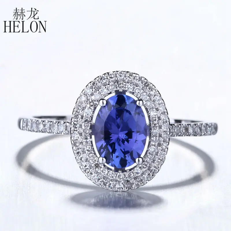 

HELON Diamonds Ring For Women Engagement Solid 14K White Gold Flawless Oval 0.8ct Grade AAA Tanzanite Ring Wedding Gift Jewelry