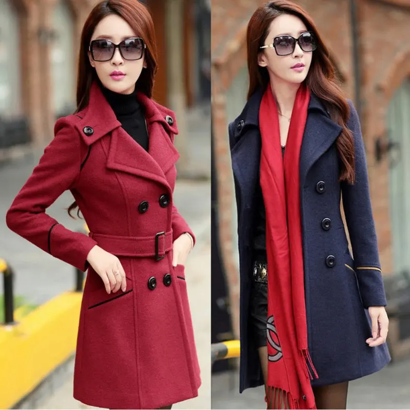 Зимнее шерстяное пальто для женщин, двубортное пальто с отложным воротником, тонкая верхняя одежда, Женский Тренч