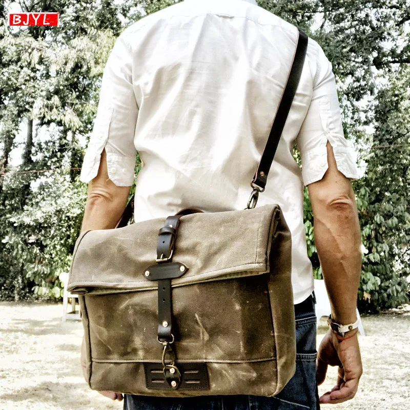

Retro waterproof canvas Men handbag leather Messenger casual men's 15 inch computer shoulder bag locomotive side crossbody bags