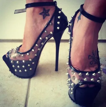 

2019 Fashion Transparent PVC Ladies Platform High Heels Ladies Sexy Spike Pumps Ankle Buckle Party Stiletto Peep Toe Heels
