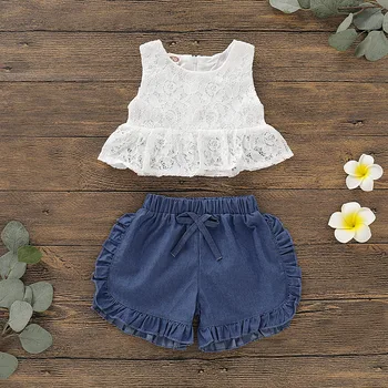 Emmababy Summer Newest Newborn Baby Girl Clothes Sleeveless Lace Flower Tops Ruffle Denim Shorts 2Pcs Outfits Summer Clothes 1