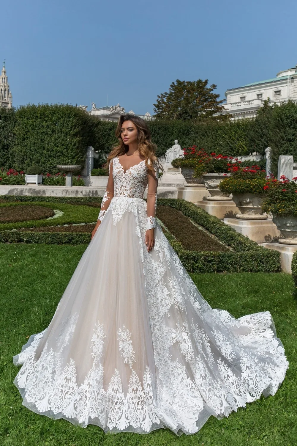 

Eslieb vestido de novia bridal gown applique lace V neck button hand made long sleeve illusion high quality HA085