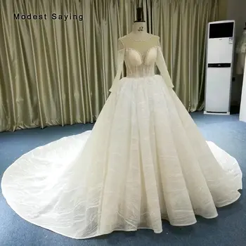 شراءفساتين زفاف 2019 فاخرة لحفلات الزفاف مزينة بخرز لامع ومزينة بخرز مع ذيل كاتدرائي فستان زفاف شفاف بأكمام طويلة وأكمام طويلة