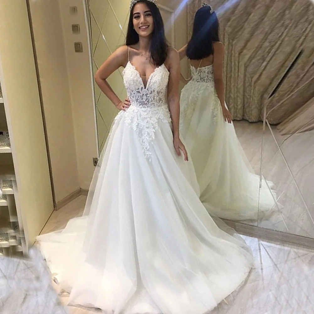 

2019 A Line Wedding Gowns Charming Illusion Corset Sexy V Neck Lace Wedding Dresses Spaghetti Straps Appliques Bridal Gowns F108