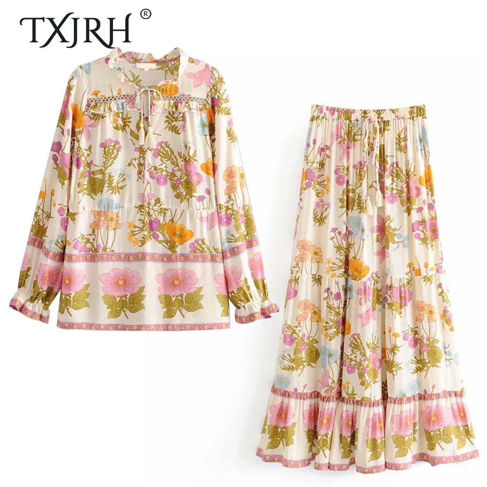 

TXJRH Bohemia Floral Print Wood Ears Ruffles Lacing up Tassel Collar Tops Elastic Waist Tied Bow Long A-Line Skirt 2 Pieces Sets