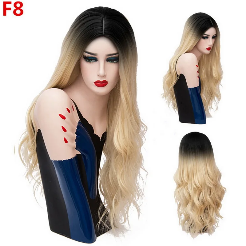 Fashion Long Wavy Ombre Hair Synthetic Wig Natural Wave Two Tone Black Grey Blue Green Grey Purple Wigs For Women 26 Models