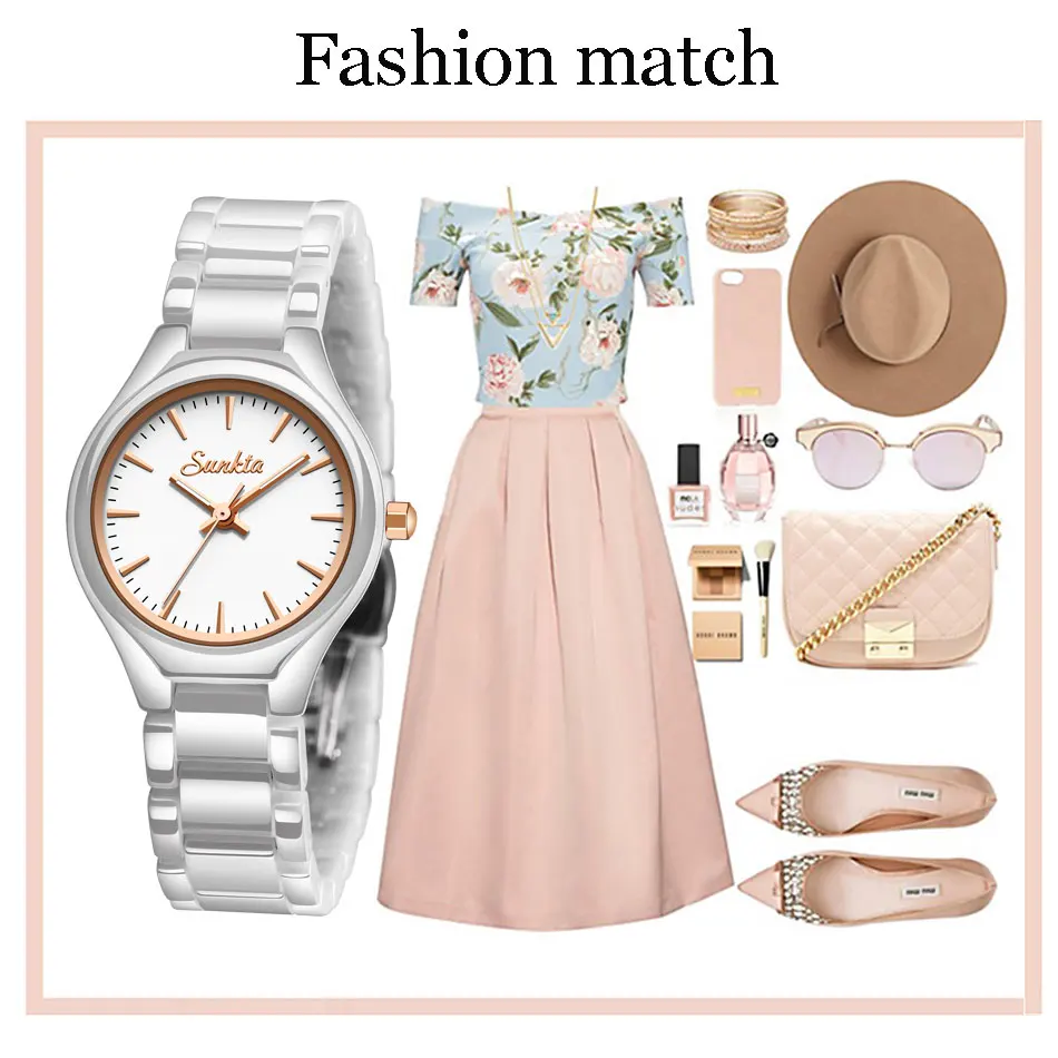 SUNKTA модные повседневные Простые розовые золотые полностью черные керамические часы для женщин водонепроницаемые кварцевые часы для женщин платье браслет часы