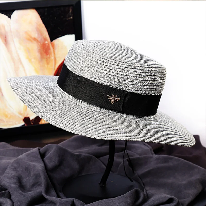 SQTEIO/Высококачественная Летняя женская соломенная шляпа в золотистой оплетке, Пляжная Праздничная летняя шляпа, американский Ретро свободный плоский солнцезащитный козырек - Цвет: Серебристый