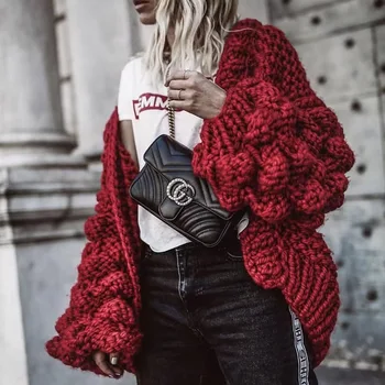 

2019 autumn winter pure hand-woven three-dimensional ball ball lantern sleeve short sweater sweater new heavy sweater casual wil