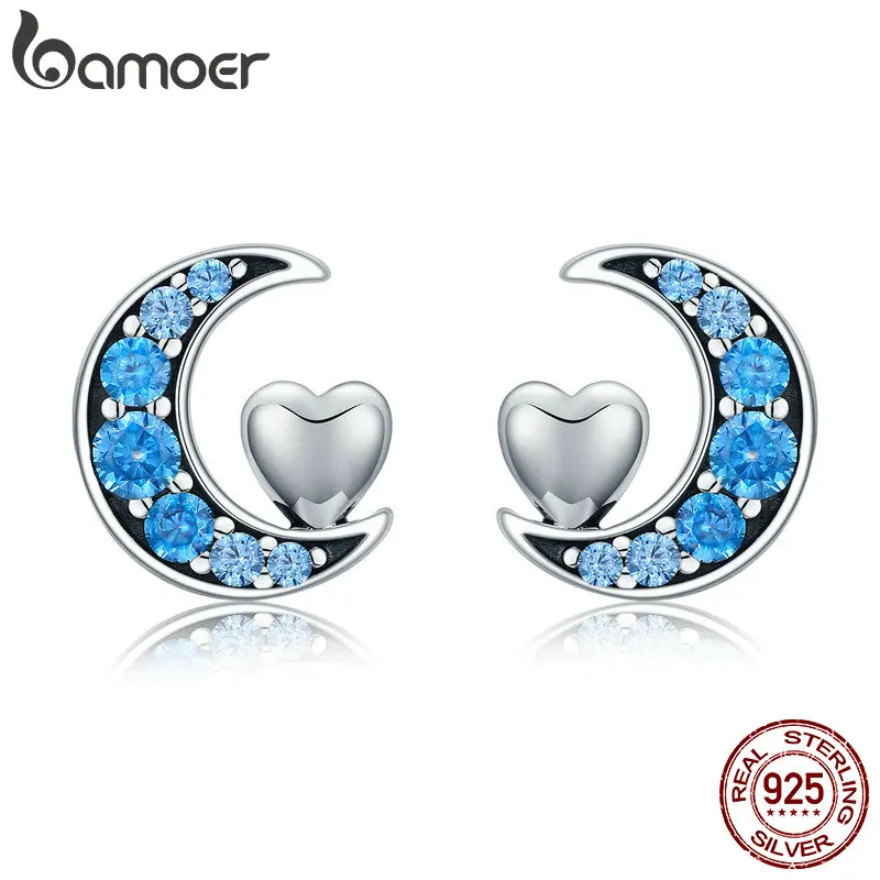 BAMOER, Настоящее серебро 925 пробы, голубой CZ, Луна и сладкое сердце, серьги-гвоздики для женщин, ювелирные изделия из стерлингового серебра S925 SCE330