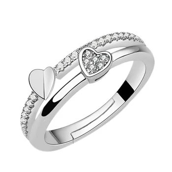

100% 925 sterling silver fashion heart shiny crystal adjustable size finger rings for women jewelry wholesale gift drop shipping