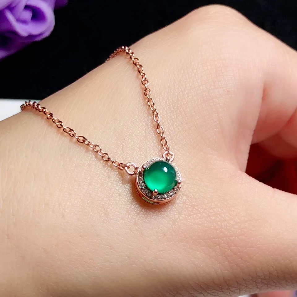 Calcédoine verte naturelle collier pendentif pierre naturelle collier S925 argent élégant belle ron