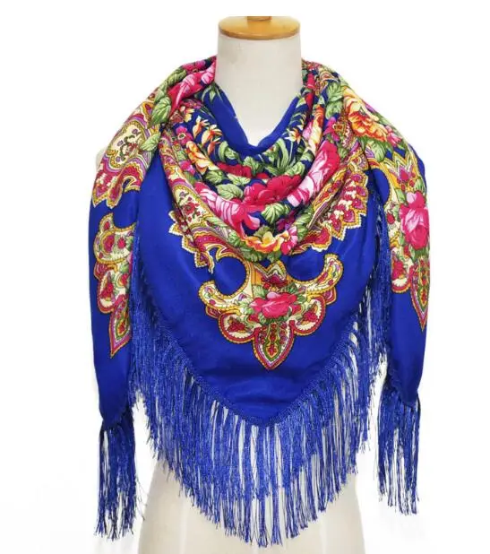  Women Russian Flower Printing Oversize Square Shawl Blankets Wedding Tassel Scarf Retro Style Cotto